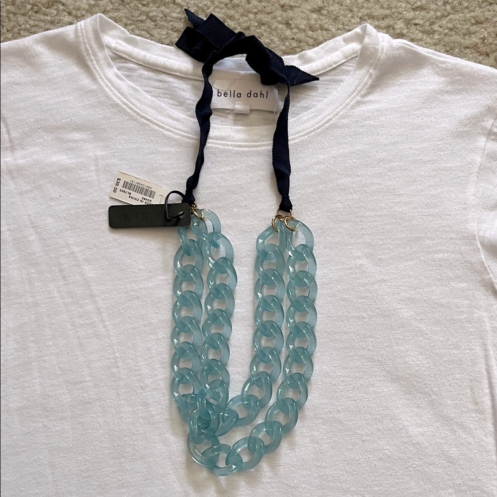 NWT Jcrew Aqua Chain Necklace with Navy Grosgrain Ribbon
